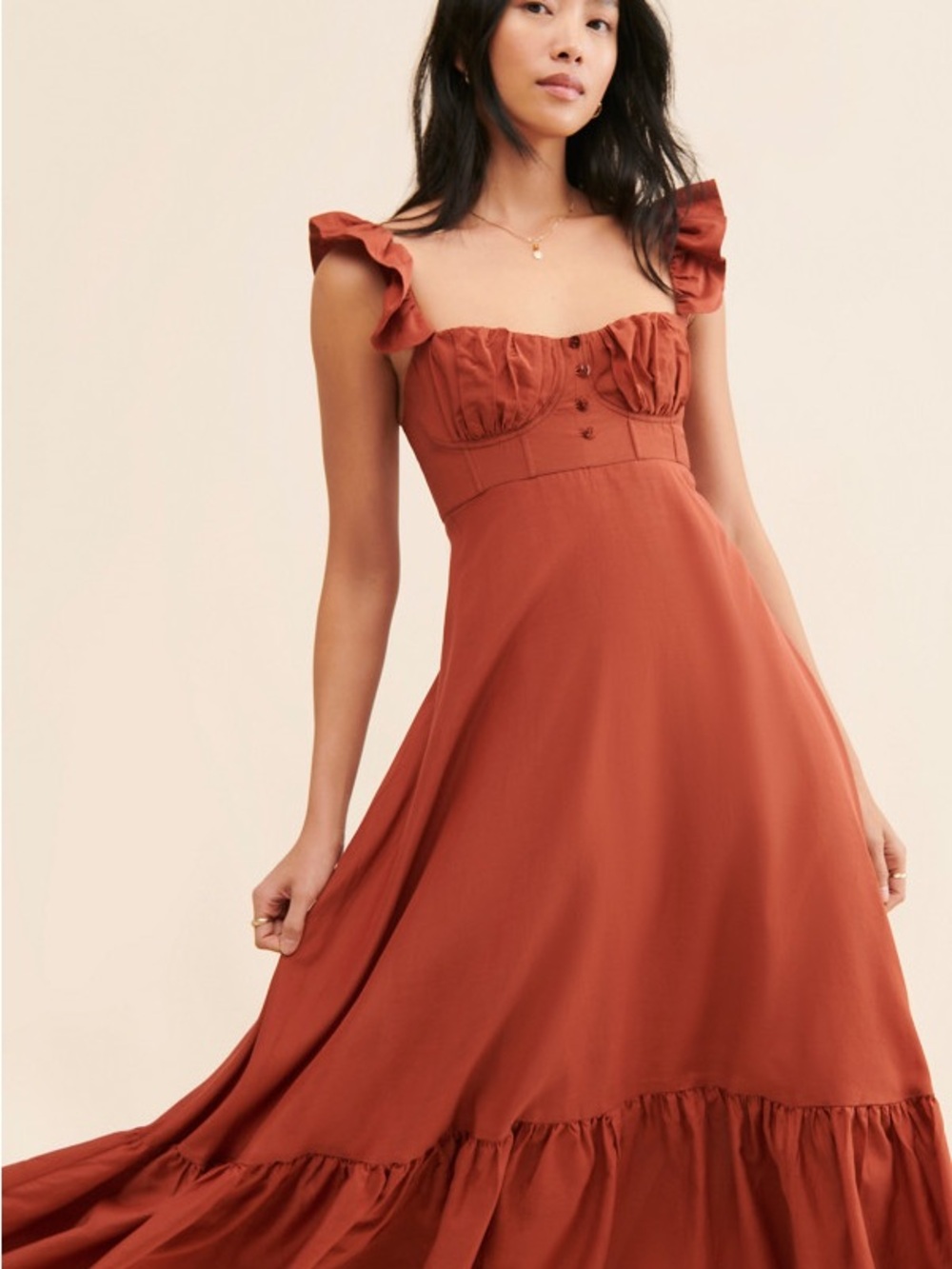 FARM Rio Rust Ruffle-Shoulder Midi Dress - Picture 5 of 11